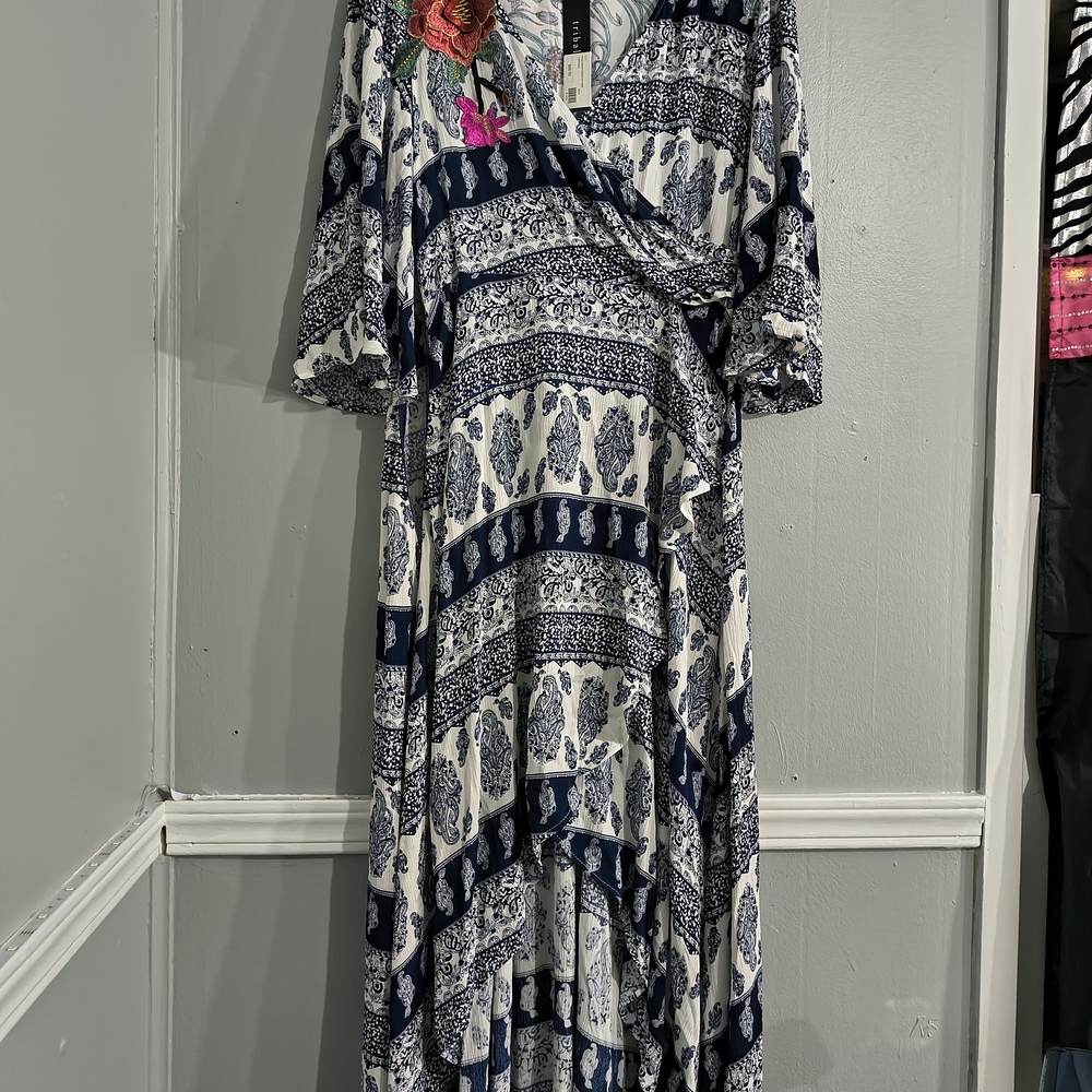 Elegant Blue and White Embroidered Boho New With Tags Small High Low Dress